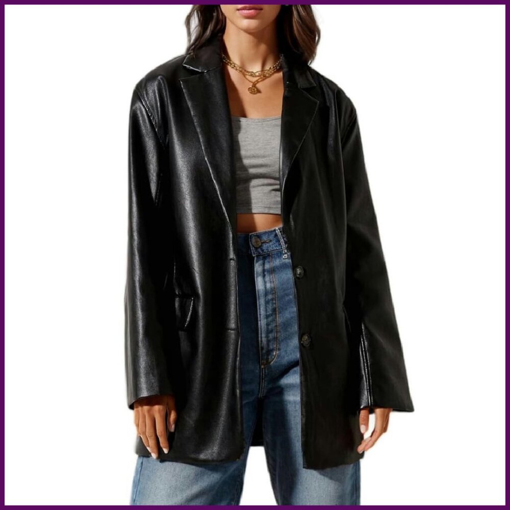 PU Leather Shacket Blazer with Bust Pocket, Snap Closure, Hip Length